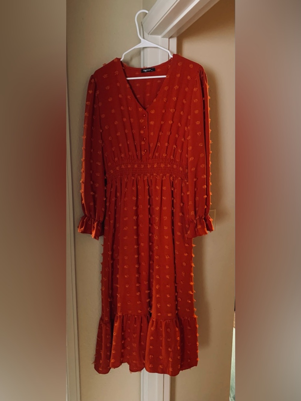 Women's Long Sleeve Red Textured Smocked-Waist Dress
